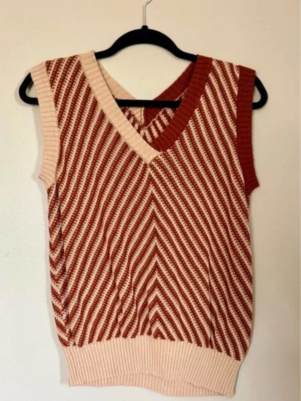 Striped V-Neck Knit Sweater Vest in Rust and Cream